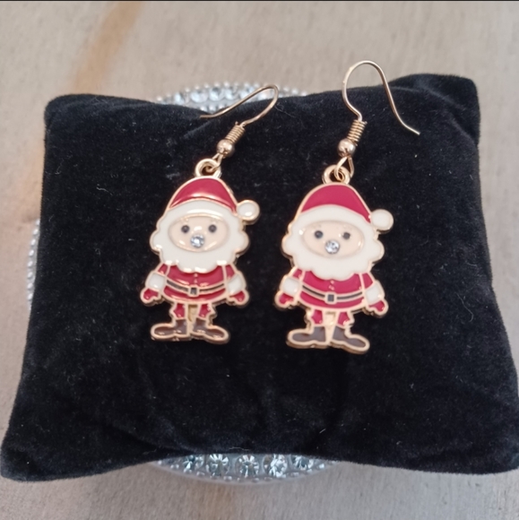 Red Enamel Rhinestone Holiday Christmas Santa Claus Dangle Drop Earrings - Picture 4 of 9